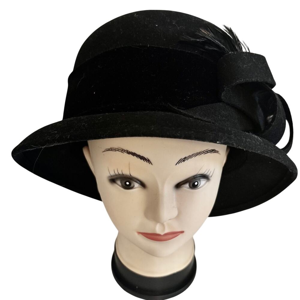 Black 100% Wool Felt Velvet Feather Bucket Hat Retro Steampunk 20's Glam Goth